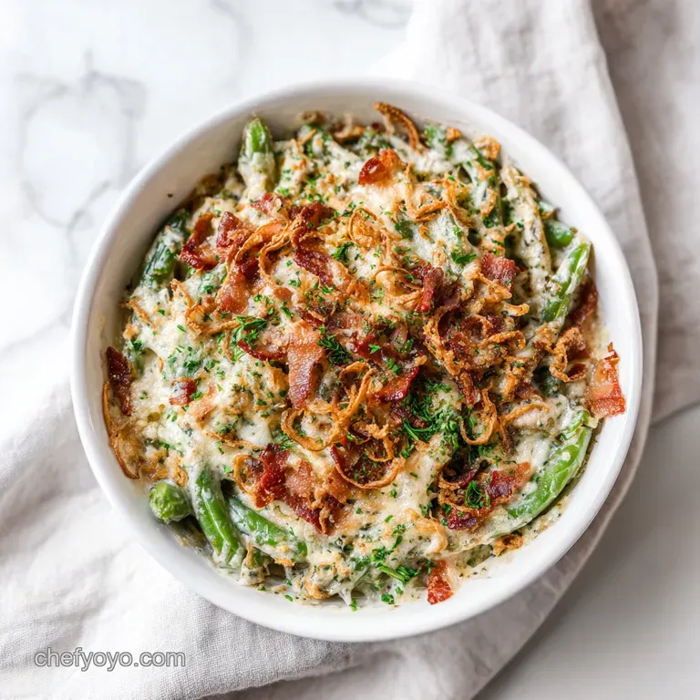 A creamy scoop of green bean casserole, topped with crisp bacon bits, presented elegantly on a white plate.