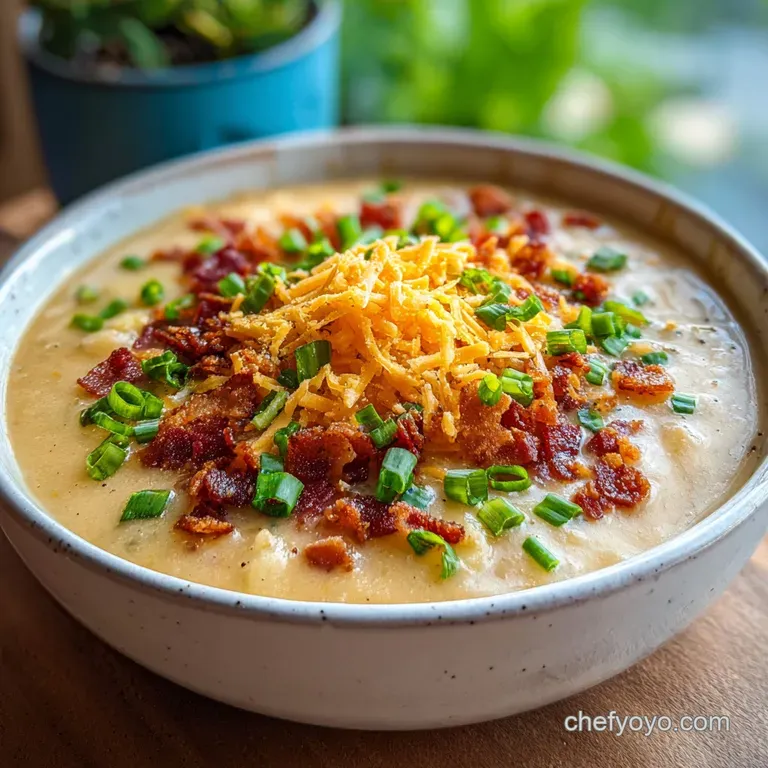 Elegant bowl of rich potato soup, garnished with crispy bacon bits, bright green chives and a dollop of sour cream.