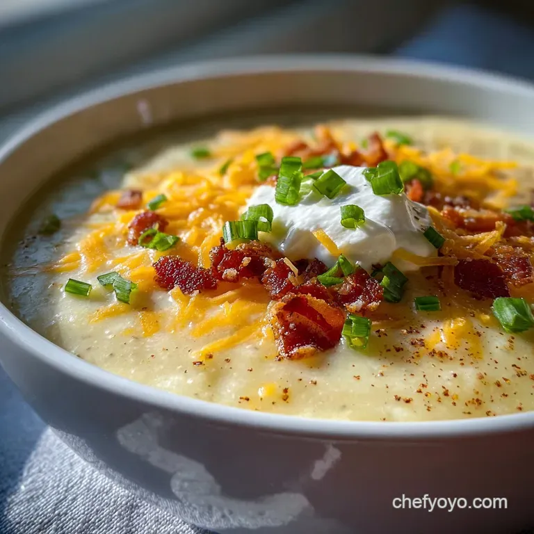 Overhead view of creamy potato soup loaded with cheddar cheese, bacon, and fresh chives. Steaming and comforting.