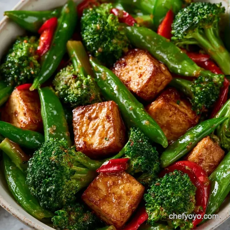 Vibrant stir fry in a minimalist white bowl, garnished with sliced green onions and sesame seed sprinkles.