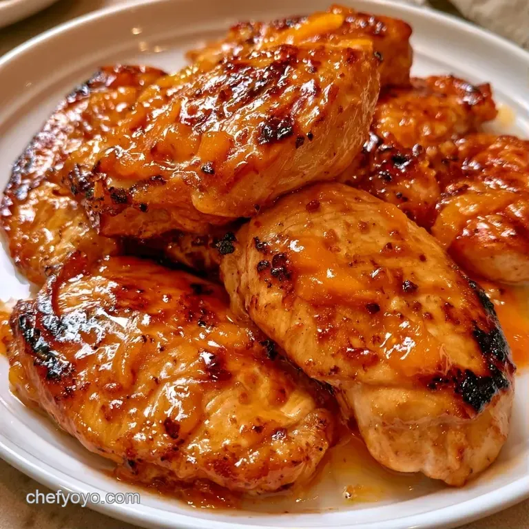 Sliced grilled chicken on a white ceramic plate, finished with a glossy tropical glaze and a sprinkle of green herbs.