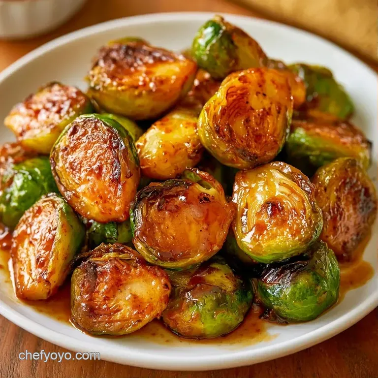 Roasted Brussels sprouts with charred outer leaves, elegantly plated in a ceramic bowl with a drizzle of syrup.