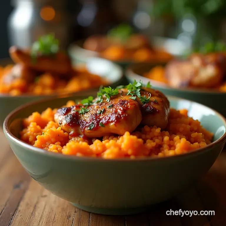 MapleChipotle Glazed Chicken and Roasted Sweet Potato Rice Bowls presentation