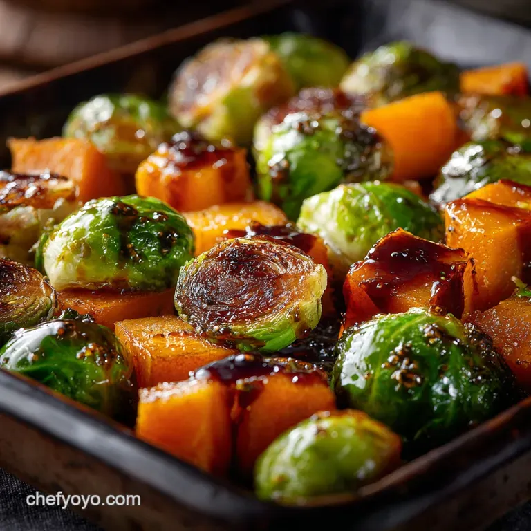 Roasted Butternut Squash and Brussel Sprouts with Sticky Maple-Soy Glaze: the Ultimate Side presentation
