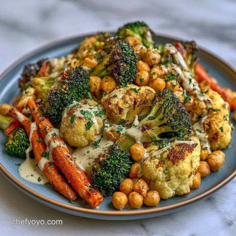 Artfully arranged roasted carrots and kale in a matte bowl, topped with a glossy drizzle of cream-colored sauce.