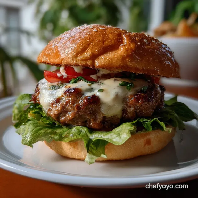 Seared burger patty, glistening with juices, atop a toasted bun. Vibrant greens and a slice of tomato add fresh color.