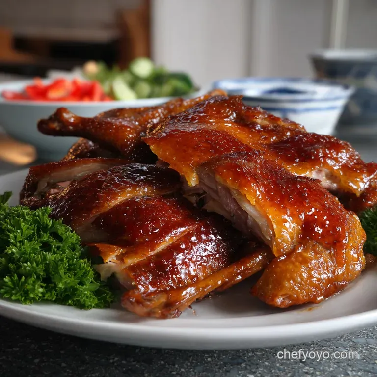 Elegant Peking duck presentation. Golden, glistening duck slices fanned on a white plate, alongside vibrant garnishes and ...