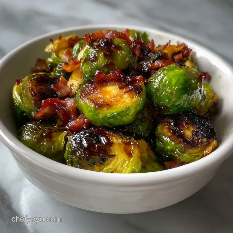 Plated Brussels sprouts with a balsamic sheen, arranged artfully on a white plate, showcasing the caramelized edges and cr...