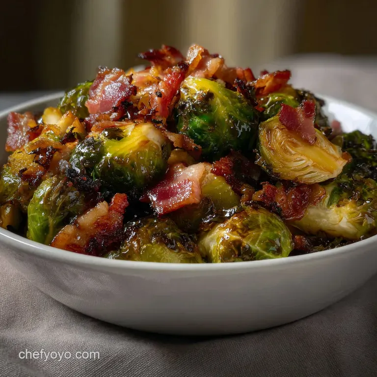 Vibrant green Brussels sprouts glistening with a rich, dark glaze, scattered with toasted pecans and a hint of red from dr...