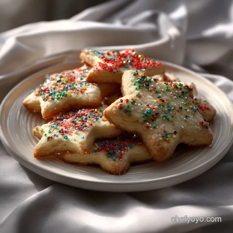 Delicate sugar cookies artfully arranged on a white porcelain plate, scattered with powdered sugar, offering a soft, elega...