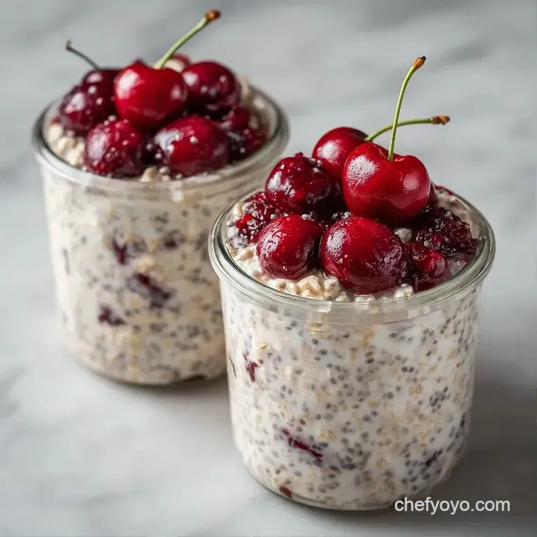 Three glass jars filled with layered creamy oats, chia seeds, and fresh fruit arranged on a white marble surface.