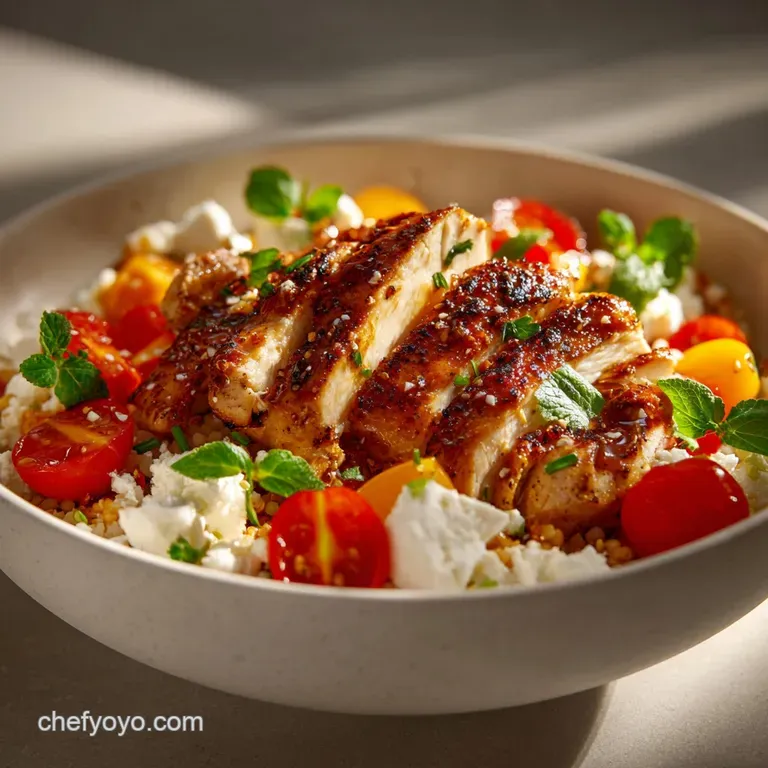 Crispy chicken nestled in a bowl of colorful Mediterranean vegetables and grains, drizzled with a creamy, flavorful sauce....