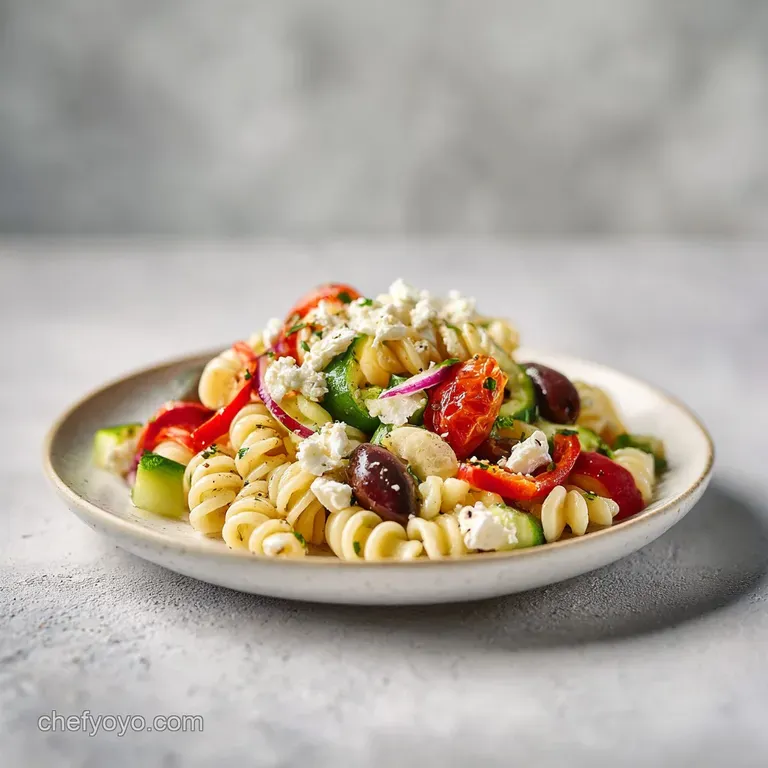 An elegant serving of pasta salad artfully arranged with fresh herbs and a drizzle of olive oil, showcasing bright, fresh ...