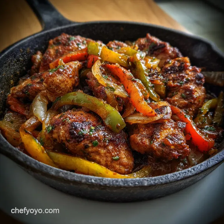 Artfully plated Mexican chicken with a medley of grilled peppers and chicken. A drizzle of sauce adds a glossy finish.