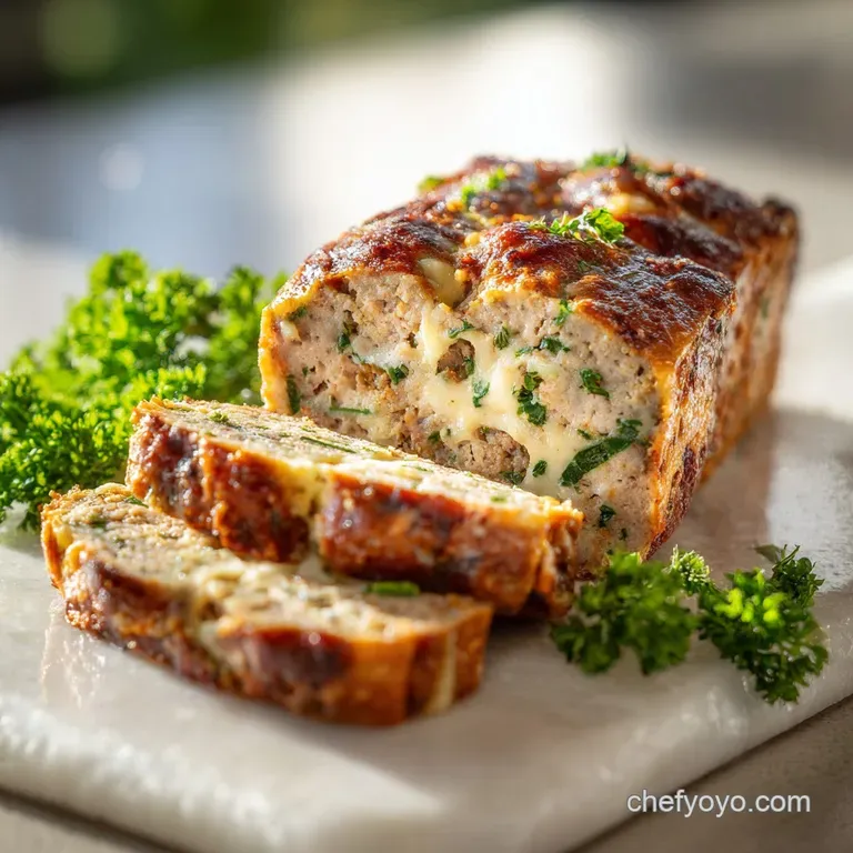 Slice of juicy meatloaf, rich brown and glistening, served atop fluffy mashed potatoes and crisp, bright green beans on a ...