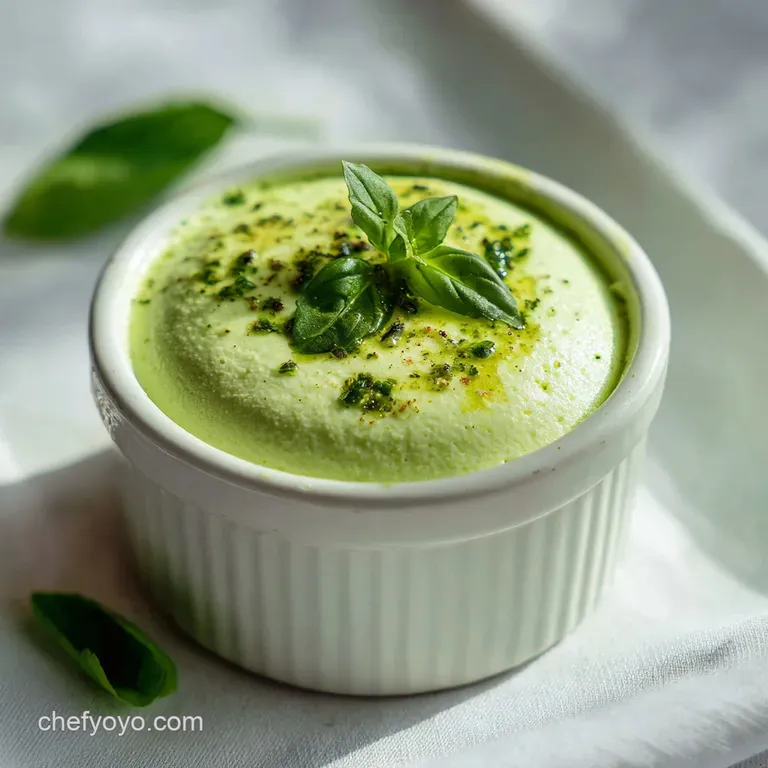 Elegant quenelle of pale green mousse, garnished with fresh basil sprig, against a dark backdrop. Smooth, cool, and inviting.