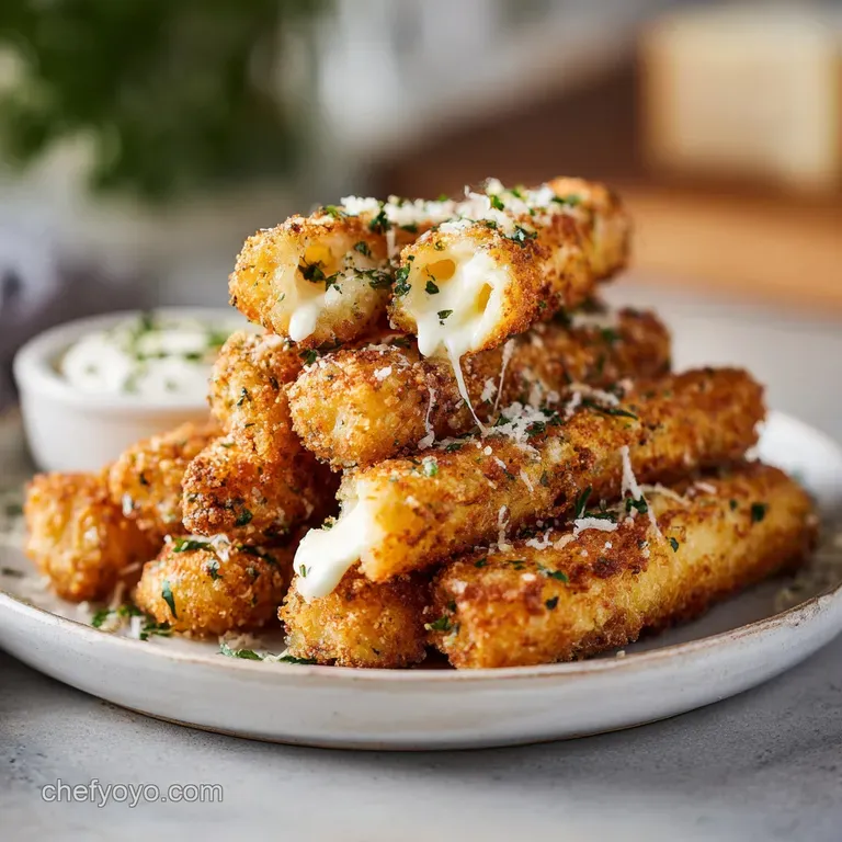 Crispy mozzarella sticks arranged artfully on a white plate, steam rising, paired with a small bowl of rich, red marinara.