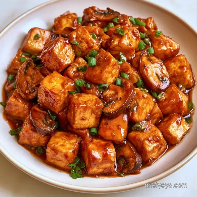 Silken tofu cubes in a shimmering spicy sauce served in a black bowl with a sprinkle of fresh chopped scallions.