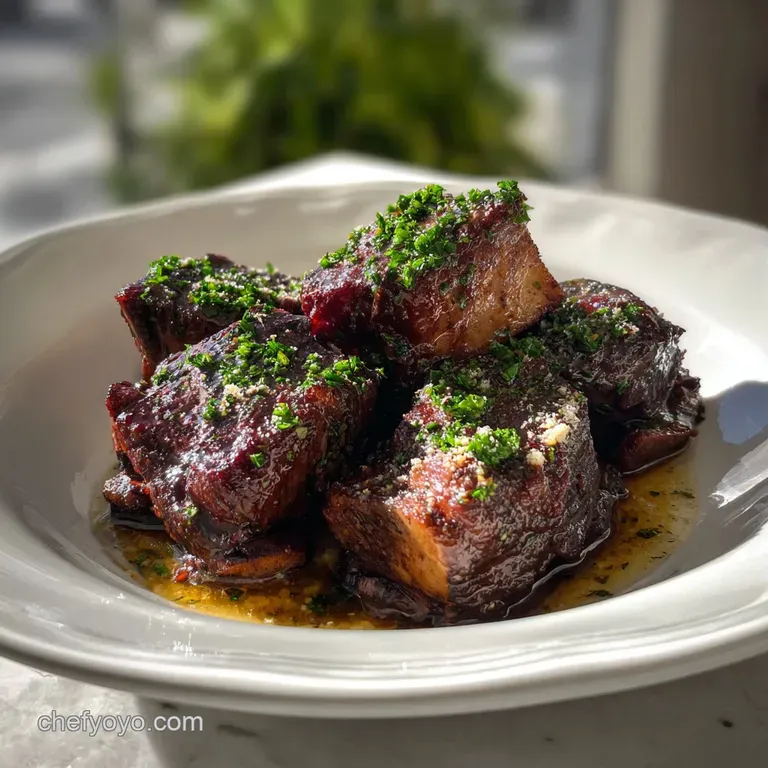 Elegant plate showcasing rich, glossy stew. Garnished with fresh herbs, the dark broth contrasted by vibrant, crisp green ...