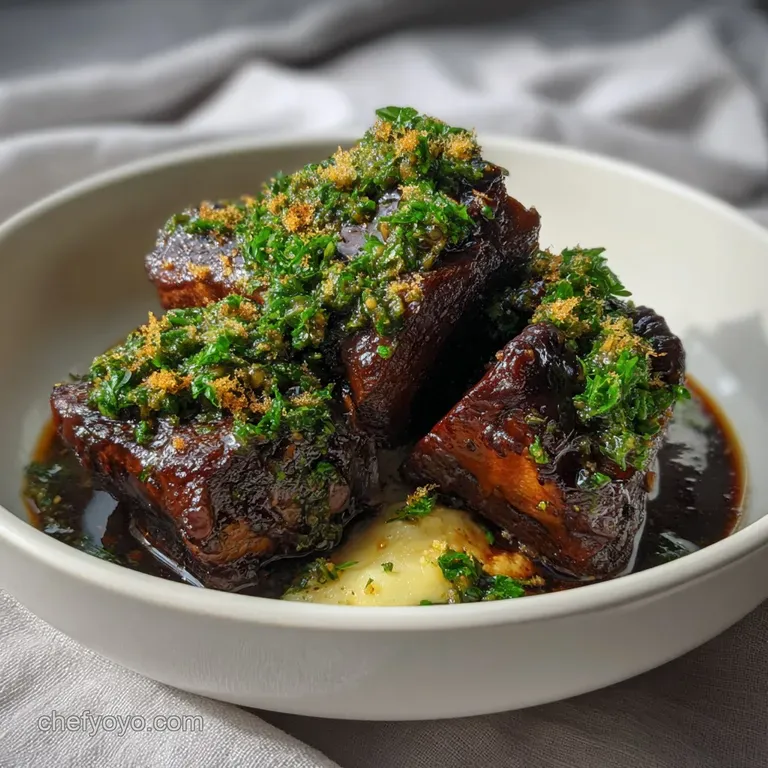 Deep mahogany stew with tender chunks of meat and glistening vegetables, a comforting, warm dish photographed from above.