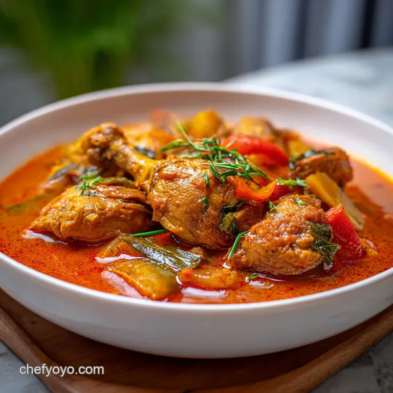 A single, glistening portion of bright red chicken stew presented with fresh herbs and visible steam. Focuses on rich colo...