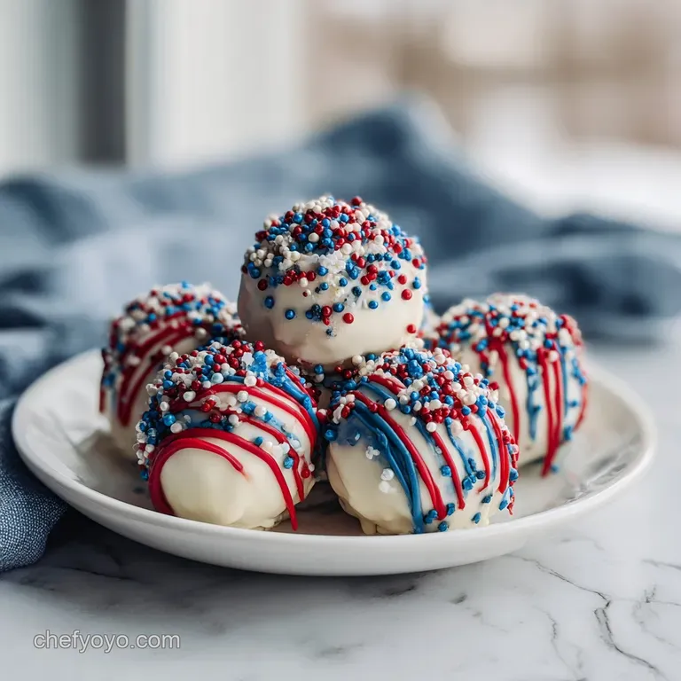 Creamy red, white, and blue truffles artfully arranged on a dark plate with a delicate dusting