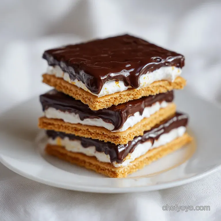 A neat square of layered cream and crackers topped with dark chocolate, plated with a fresh mint leaf