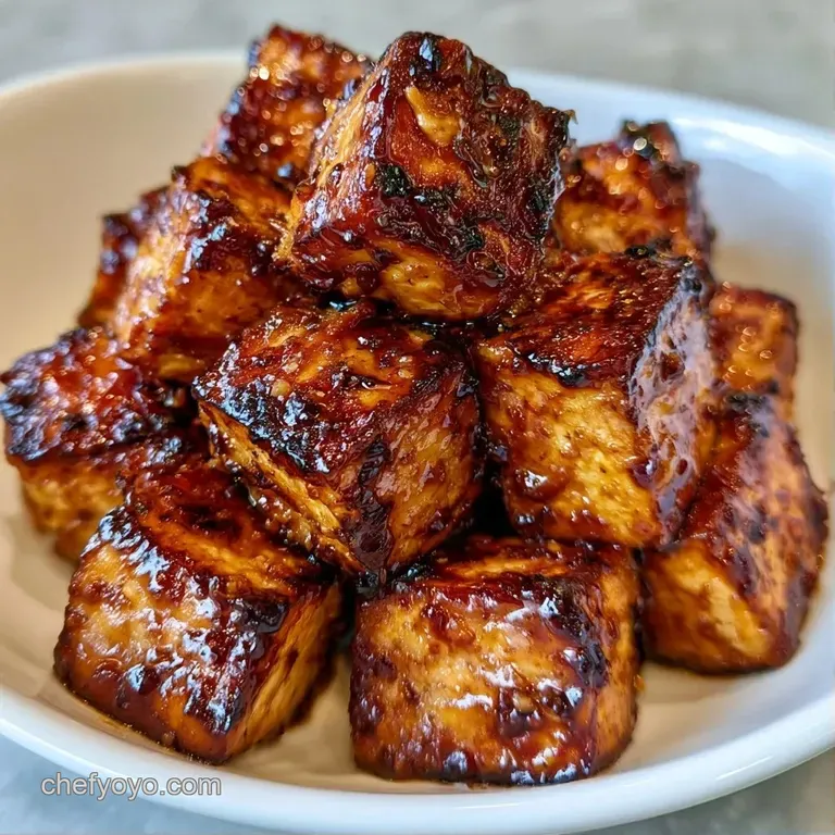 Sliced golden tofu cubes atop a bed of vibrant steamed broccoli and quinoa, drizzled with a glossy brown glaze.