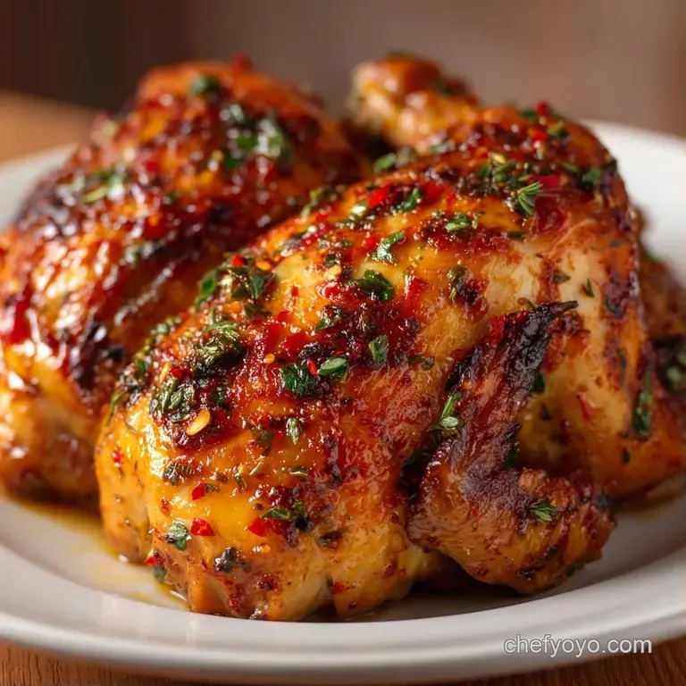 Crispy golden chicken thighs elegantly plated with roasted root vegetables and a sprig of fresh green rosemary.