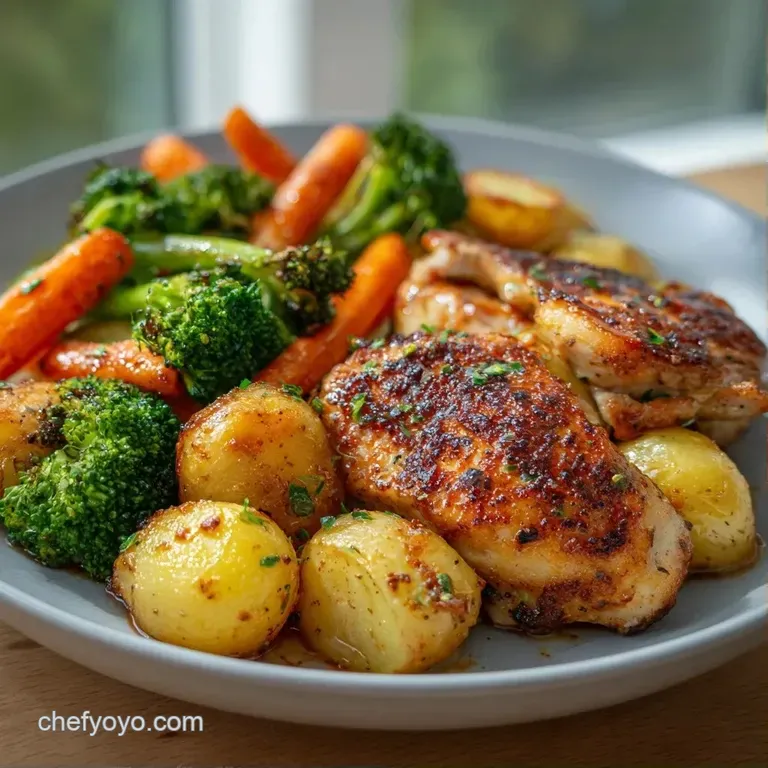 A golden-brown chicken thigh and roasted potatoes elegantly arranged on a white plate with a garnish of fresh herbs.