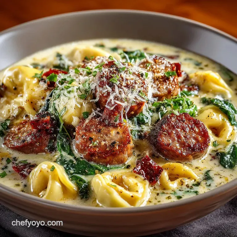 Onepot Creamy Sausage and Spinach Tortellini Soup presentation
