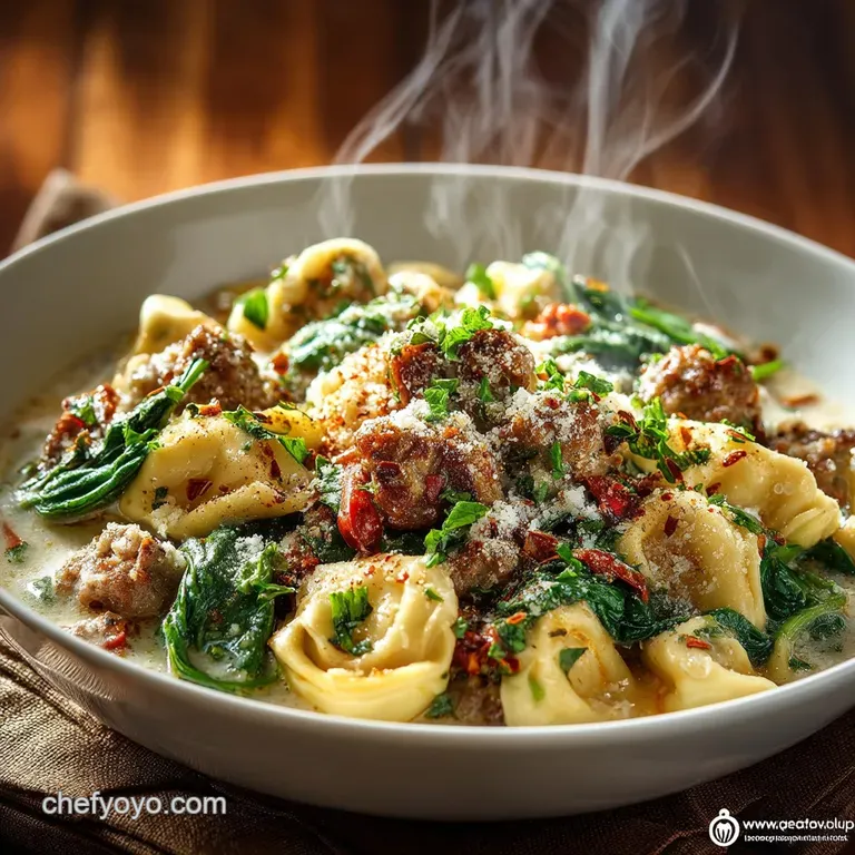 OnePot Creamy Sausage and Spinach Tortellini Soup