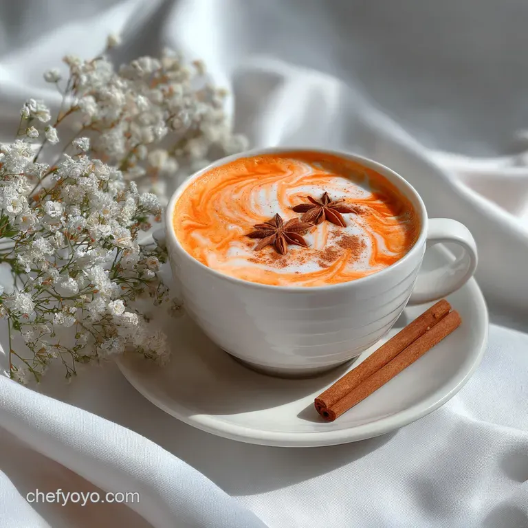 A frothy orange tea gently steaming in a glass mug, graced with a cinnamon stick and citrus slice, radiating warmth.