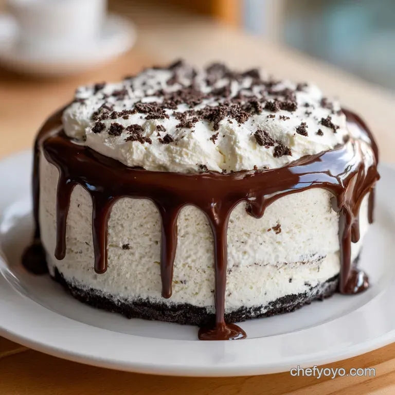 A slice of creamy white cake with black cookie layers on a white plate, topped with warm, dripping chocolate syrup.