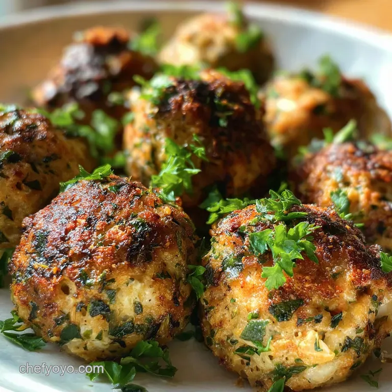 Perfectly browned meatballs arranged on a white plate, garnished with vibrant green herbs and a drizzle of flavorful sauce.