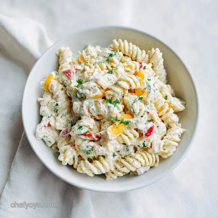 A fork-twirled portion of pasta salad glistening with dressing, topped with fresh parsley and a sprinkle of cheese.