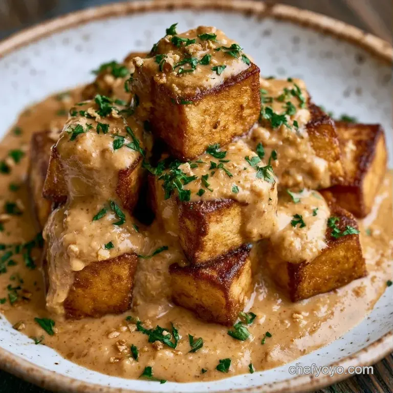 Elegant white bowl filled with golden tofu, purple cabbage, and bright carrots drizzled in a thick, creamy peanut dressing.