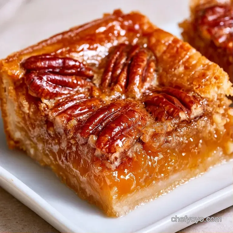 Neatly cut squares of amber-hued dessert with whole toasted pecans on a ceramic plate, showing a buttery base.