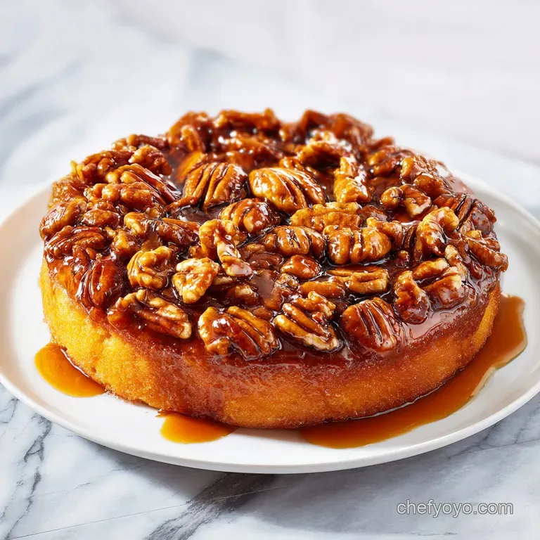 A slice of buttery golden cake topped with toasted pecans on a white plate, drizzled with creamy sweet syrup.