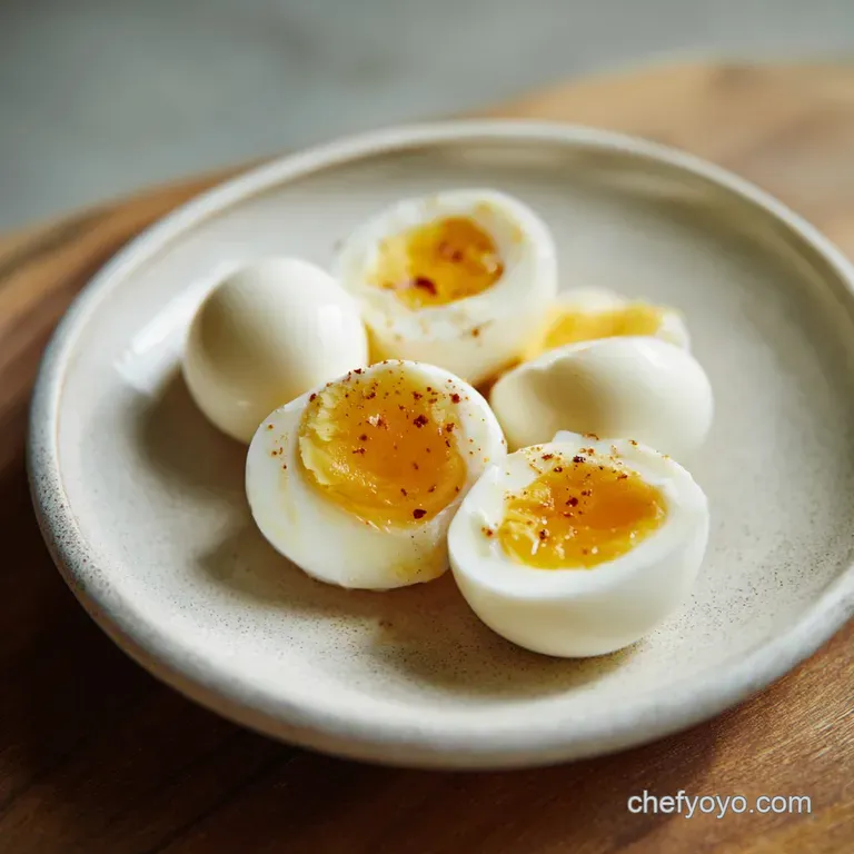 Plated halved egg reveals bright yellow yolk. Salt and pepper are sprinkled on top; next to buttered toast triangles on a ...
