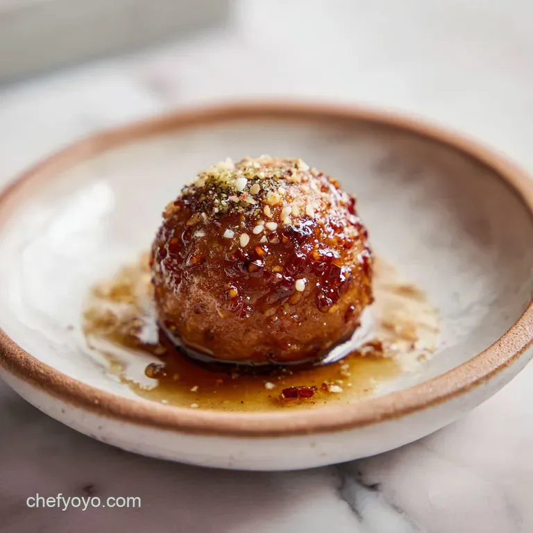 Plump meatballs coated in a glossy pepper jelly glaze, artfully arranged on a white plate with a sprinkle of herbs.