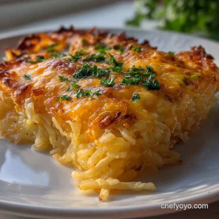 Individual serving of hashbrown casserole, garnished with fresh chives, beside a dollop of sour cream. Creamy and comforti...