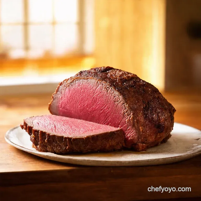 Perfectly Pink Roast Beef with Yorkshire Puddings and Gravy presentation