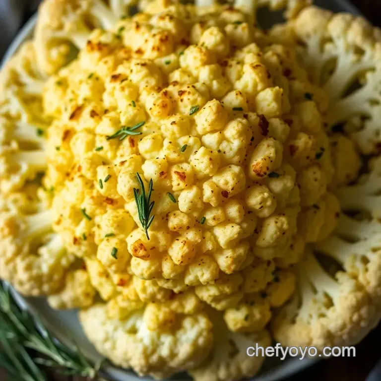 Perfectly Roasted Whole Baked Cauliflower with Herb-Infused Olive Oil presentation