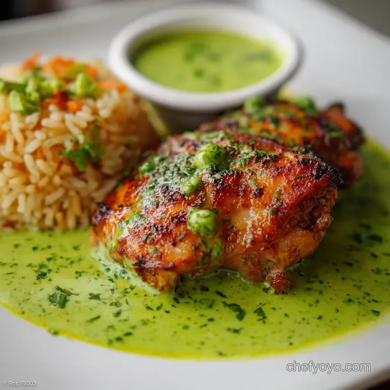 Perfectly plated Peruvian chicken and rice. The glossy chicken skin contrasts beautifully with the bright green, fluffy rice.