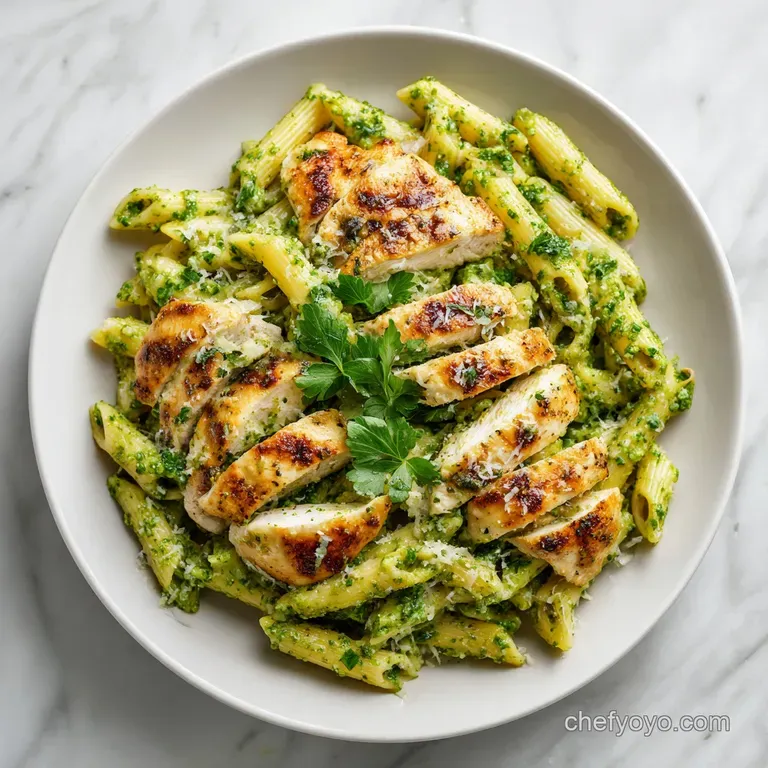 A swirl of green pasta topped with sliced grilled chicken, grated parmesan, and a sprig of fresh basil on white porcelain.