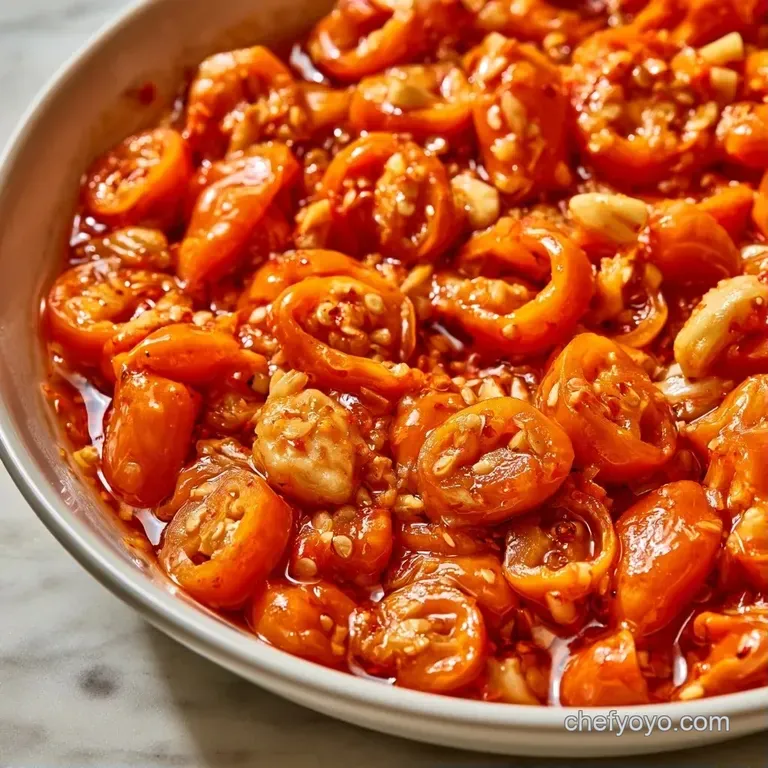 A small ceramic bowl of vibrant orange pickled peppers paired with a sprig of fresh cilantro on a marble surface.