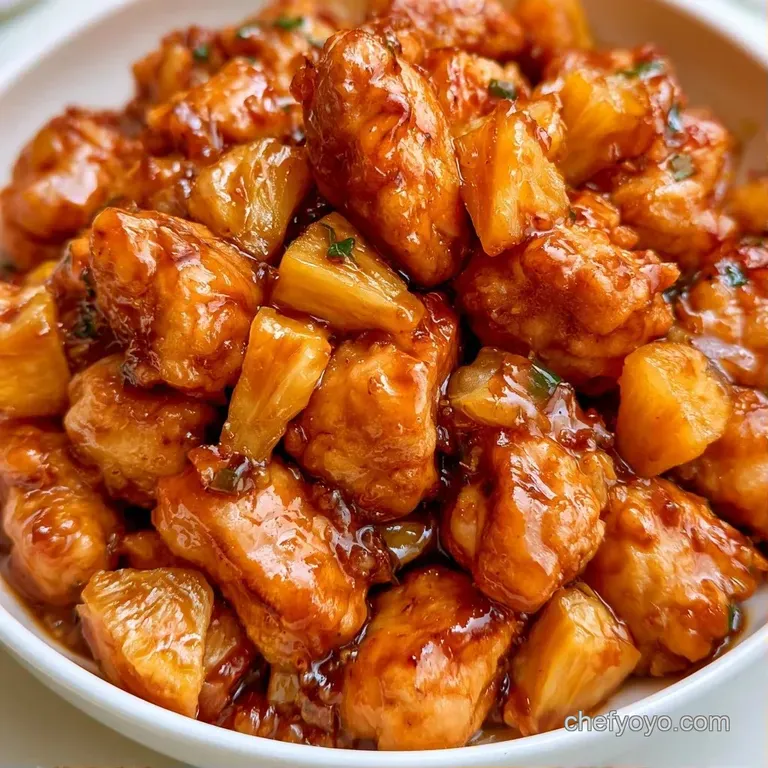 Seared chicken thighs served on a white platter with caramelized pineapple slices and a drizzle of spicy orange glaze.