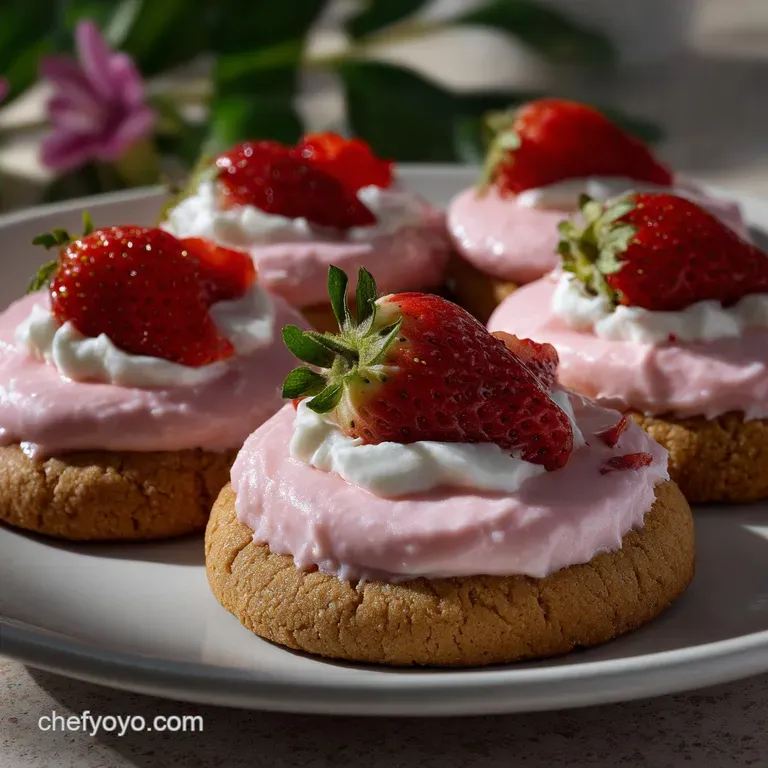 Elegant cookie plated with fresh strawberries and a dusting of powdered sugar. Delicate pink frosting swirls invite a taste.
