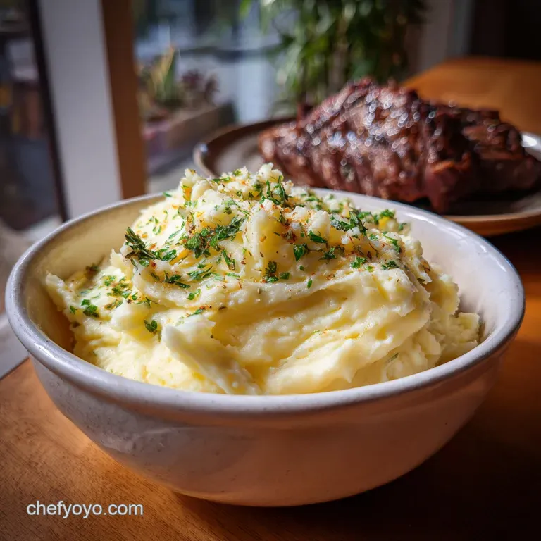 Elegant plate featuring a thick-cut prime rib, perfectly seared, next to a generous scoop of creamy garlic mashed potatoes...